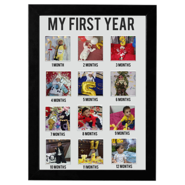 Customized My 1st Year Photo Frame – 12 Photo Collage | White, Golden & Black Frame Options